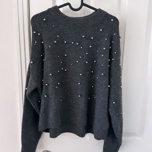 LIKE NEW H&M Grey Sweater with Pearls and Rhineatones Stretchy Long Sleeve Knit